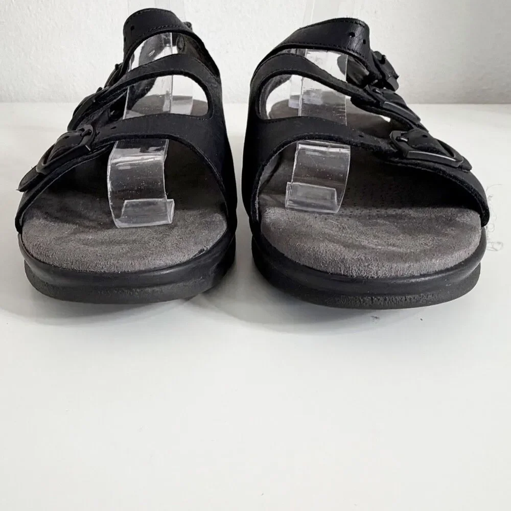 SAS Sandals Womens 9.5 Black Leather Caress Slingback Ankle Strap Wedge Heel USA